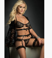 Load image into Gallery viewer, 4pc Lace Mini Robe Hip Hugger and Bra Lingerie Set
