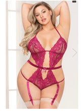 Load image into Gallery viewer, Floral Lace Strappy Wine Teddy with Open Crotch
