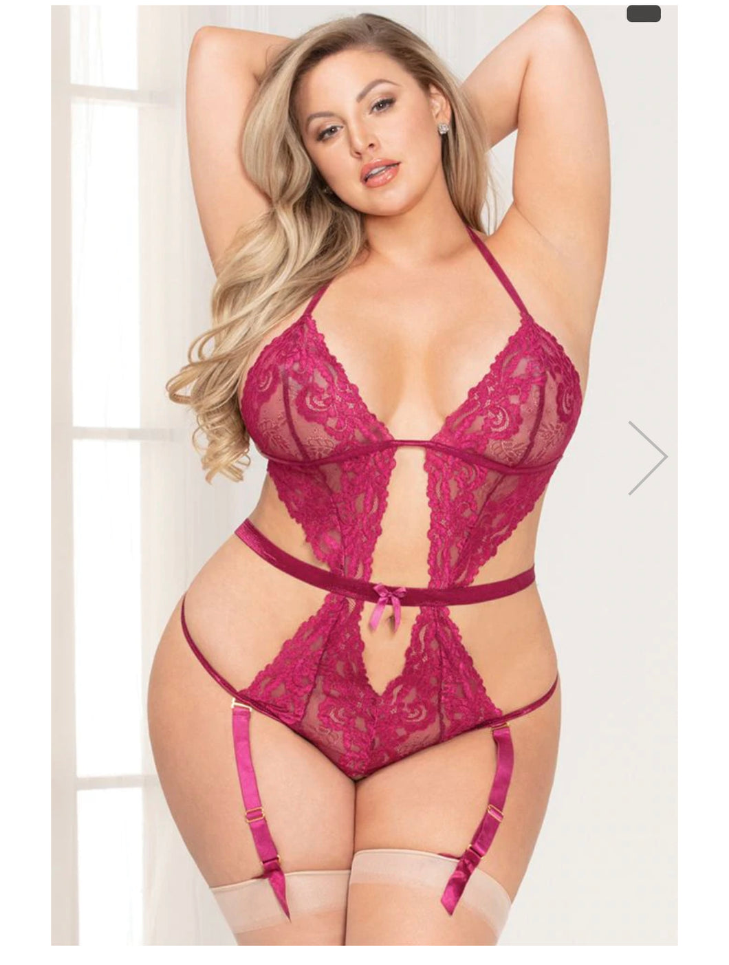 Floral Lace Strappy Wine Teddy with Open Crotch
