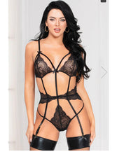 Load image into Gallery viewer, Crotchless Black Floral Lace Strappy Teddy
